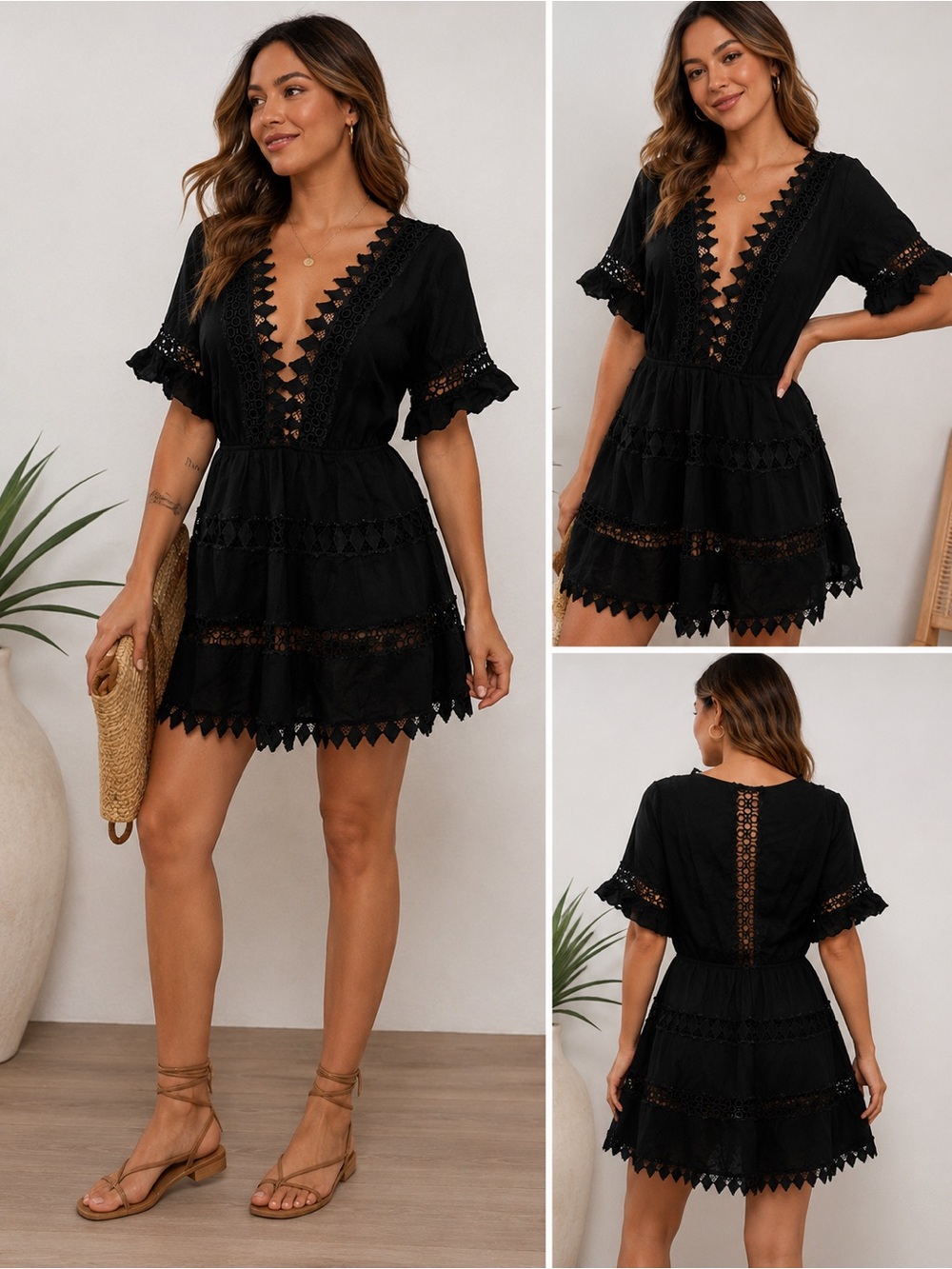 Peixoto Black Lace Mini Dress